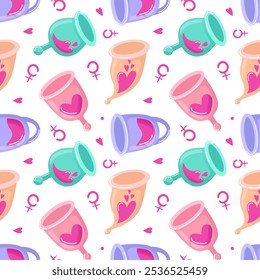 Design perfeito com copos menstruais e o símbolo feminino. Focar em produtos de higiene, consumo sustentável, redução de resíduos, alternativas ecológicas e ciclo reprodutivo feminino.