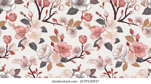 A seamless design featuring soft-hued blossoms and delicate branches on a light background, ideal for various decorative and artistic applications.