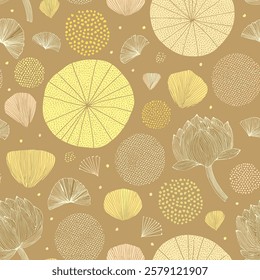 A seamless design featuring stylized lotus flowers, leaves, and organic shapes in soft tones on a light background, perfect for contemporary decorative and artistic applications