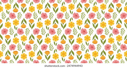 Seamless design with floral elements. Botanical-inspired repetitive fabric or wallpaper pattern with orange flower on stem with leaf, yellow flower, cherry blossom, and leaves.