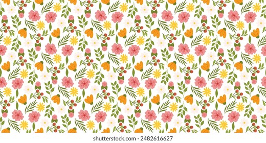 Seamless design with floral elements. Botanical-inspired repetitive fabric or wallpaper pattern with yellow and orange flowers, red berries, leaves, and cherry blossom.