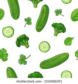 Seamless design food green pattern. Wallpaper with vegetable organic food. Backdrop for fabric and textile design with cucumber, broccoli and parsley. Background with nature fresh food. Vector.