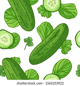 Seamless design food green pattern. Wallpaper with vegetable organic food. Backdrop for textile design with cucumber, spinach and parsley. Wallpaper for vegetarian cafe. Healthy food cover. Vector