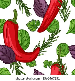 Seamless design food pattern. Backdrop with vegetable organic food. Background with pepper, rosemary, basil leaf, parsley and spinach. Wallpaper for vegetarian cafe. Healthy food cover. Vector.