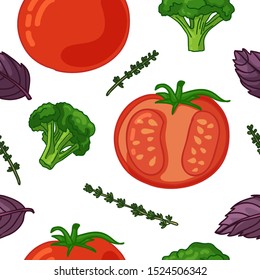 Seamless design food pattern. Wallpaper with vegetable organic food. Backdrop with tomato, broccoli, basil leaf and thyme. Vegetarian background with nature fresh nutrition. Vector.