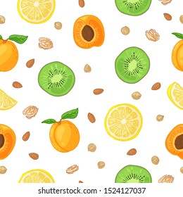 Seamless design fruit pattern. Wallpaper with organic food. Backdrop for fabric and textile design with kiwi, apricot and lemon slice. Background with nature fresh tropical fruit for recipe. Vector.