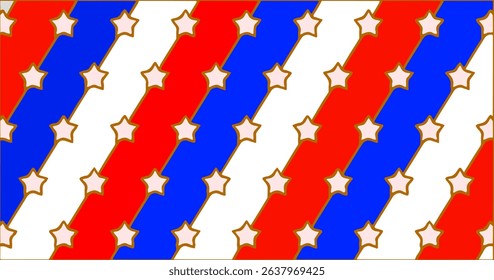 Seamless design of gold stars on red-blue diagonal stripes and white background.