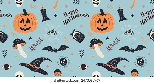 Seamless design for Halloween with pumpkins, bats, witches hats, ideal for October celebrations
