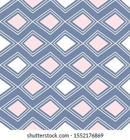 Seamless design of hand drawn diamond shapes in white, pink and blue. A modern abstract vector geometric pattern .
