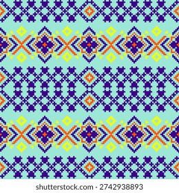 Seamless design inspired by embroidery or cross-stitch, indigenous culture, folk art, diamond pattern in yellow, orange, and blue. Zigzag lines of small and large diamonds are arranged symmetrically. This pattern is suitable for the textile and printing industries.