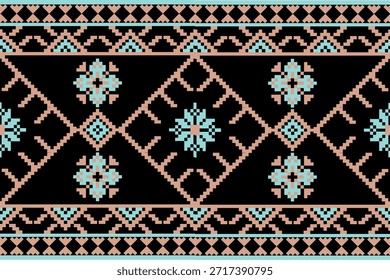 Das nahtlose Design ist inspiriert von einheimischer Stickerei und Volkskunst. Das auffällige Muster besteht aus kontinuierlich angeordneten symmetrischen Diamantformen in Rosa- und Blautönen auf schwarzem Hintergrund mit pixeliger oder Kreuzstich-Textur.