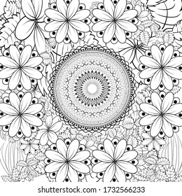 Seamless design. Mandala Ethnic ornament, doodle symmetry texture. Folk traditional spiritual tribal design. Curved doodling motif. Binary monochrome black and white art. Vector