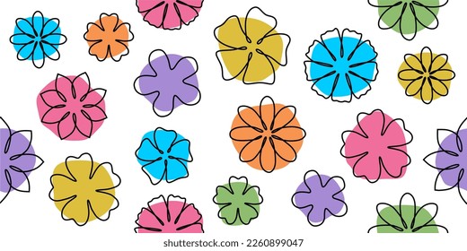 Seamless design of multicolor flower. Hand drawing flowers. Floral doodle. For textile, fabric, fashion, card, wrapping paper, banner, wallpaper, wall decor.