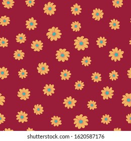 Seamless design orange colors chamomile flowers vector illustration on red background. Fresh daisy pattern wallpaper.