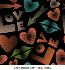 Seamless design in orange, green and blue colors for posters, wallpaper, wrapping paper. Vector pattern with arrow, hearts, kissing lips, love text in dots.