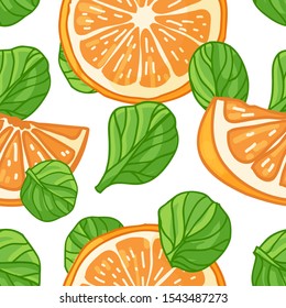 Seamless design of orange pattern. Wallpaper with organic fruit and spinach leaf. Wallpaper for vegetarian citrus smoothie recipe. Healthy food cover. Vector.