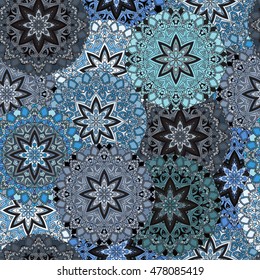 Seamless design in oriental style. Stellar mandalas background for card, front-side, cover or wrapping paper. Indian, arabic, chinese, turkish lace print.