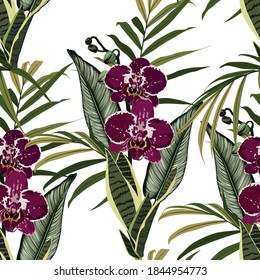 Seamless design pattern arranged with orchids flower, exotic leaves and palms. Beautiful floral print. Vintage colors background.