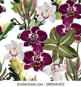 Seamless design pattern arranged with violet white orchid flower, exotic leaves and branches. Beautiful floral print.