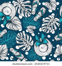 seamless design pattern with flowers and twigs with leaves. Vector illustrator