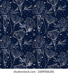 Patrón de diseño sin fisuras con flores y ramitas con hojas. Ilustrador de Vector