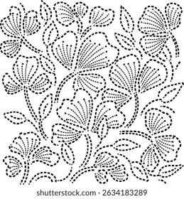 Padrão de design sem costura de flores pontilhadas geométricas com folhas e redemoinhos, Flores desenhadas à mão com folhas em estilo plano pontilhado Ilustração de vetor para fundos de tecido Curtain Almofada Papel de parede 