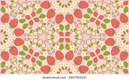 Seamless design pattern with strawberries, cute berries, flowers, green leaves. Repetitive surface design intended for kitchen apparel, fabrics, wrapping paper, and diverse purposes.