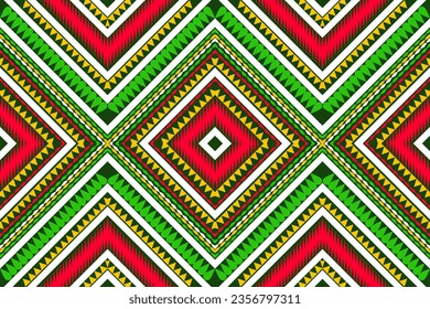Seamless design pattern, traditional geometric flower zigzag pattern Christmas green yellow white orange red vector illustration design, abstract fabric pattern, aztec style for print textiles 