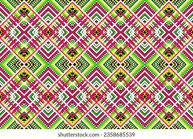 Patrón de diseño sin soldadura, flor geométrica tradicional zigzag patrón de ilustración vectorial color verde amarillo blanco, patrón de tejido abstracto, estilo azteca para tejidos de impresión 