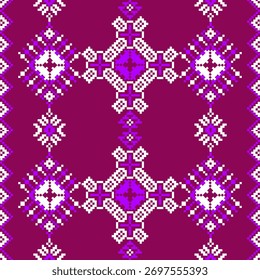 Seamless design, pixel texture, arranged in small and large diamond shapes in white, purple, on a pink background, folk art, suitable for business, textiles, printing, interior design, graphics, 