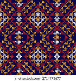 Nahtloses Design, pixelige oder Kreuzstich-Textur, mit gelben, roten und weißen Farben in einem symmetrischen Diamantmuster angeordnet. Inspiriert von Stammeskultur. Geeignet für die Textil-, Druck- und Innenausstattungsindustrie. Bildschirmhintergrund.