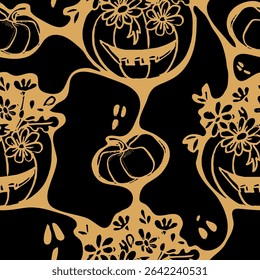 Seamless design of pumpkins and ghosts. Halloween pattern.