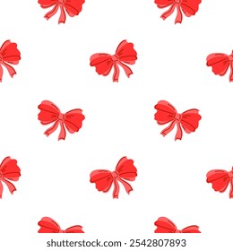 Seamless design with red bows on a white background. This vibrant, festive pattern is perfect for gift wrapping, holiday decor, and digital backgrounds