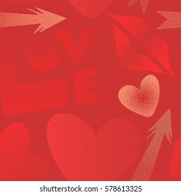 Seamless design in red and orange colors for posters, wallpaper, wrapping paper. Vector pattern with arrow, hearts, kissing lips, love text in dots.