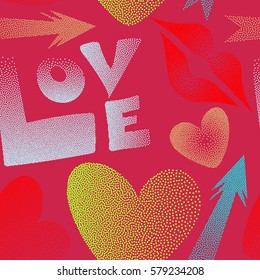 Seamless design in red and pink colors for posters, wallpaper, wrapping paper. Vector pattern with arrow, hearts, kissing lips, love text in dots.