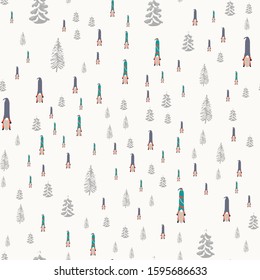 Seamless design with scandinavian gnomes and winter pine trees. Beautiful festive design with elves decorations. For wrapping paper, textiles, fabric. Flat cartoon style vector illustration.