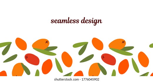 seamless design with sea buckthorn berries and leaves on a white background. modern abstract design for packaging, print for clothes, fabric
