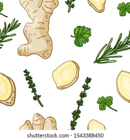 Seamless design seasoning pattern. Backdrop with fresh herb. Background with rosemary, basil leaf, parsley, ginger slice and thyme twig. Wallpaper healthy herbs. Vector.