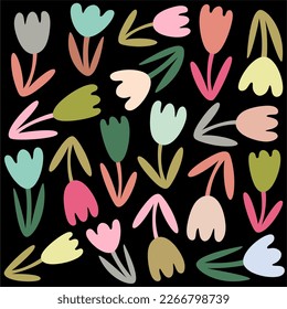 Seamless design of tulip flower pattern isolated on black background. Beautiful vector for textile, fashion, linen, fabric, wallpaper, card. Doodle style.  