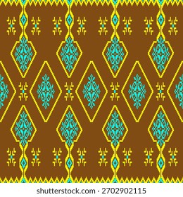 Das nahtlose Design verwendet geometrische Formen, die in einer gelben Rautenform angeordnet sind, mit blauen Streifen auf braunem Hintergrund. Die verpixelte Oberfläche erinnert an lokale Kunst und ist daher ideal für Textilien 
