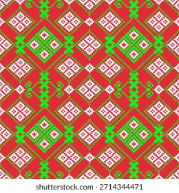 The seamless design uses geometric shapes, asymmetrical diamond patterns, and green and white colors. Reminiscent of craftsmanship and pixelated textures, it's suitable for the textile 