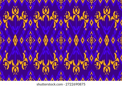 Das nahtlose Design verwendet geometrische Formen, die in einem blauen Diamantmuster angeordnet sind und mit gelben Blumenmotiven geschmückt sind. Inspiriert von Stickerei oder Kreuzstich, volkstümlichen Mustern und indigener Kultur, eignet es sich für die Textilarbeit. Druckereien, Dekorationsartikel, digitale Hintergründe, Vorhangmuster.