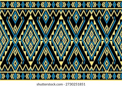 Das nahtlose Design verwendet geometrische Formen, die in einem Diamantmuster aus Gold und Blau in kleinen und großen Größen angeordnet sind. Es verfügt über gelbe Zickzacklinien, die mit gelben und blauen Kreuzen verziert sind und oben und unten mit kleinen, facettierten Diamanten begrenzt sind. Verpixelte oder handgefertigte Oberflächenmuster, einheimische Kulturdesigns und Volkskunst werden zum Weben, Drucken, Bekleidungsmuster, Heimdekoration und Tapeten verwendet.
