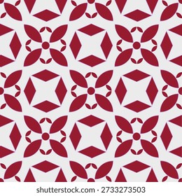 The seamless design uses geometric shapes arranged in a pattern of repeating, symmetrical, dark red, star-shaped patterns. Imagination, from ethnic tribes, authentic craftsmanship. This pattern is suitable for fashion, textiles, printing, home decor, wallpaper, graphics, digital backgrounds, wrapping paper, and packaging.
