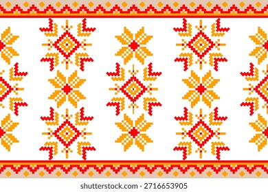El diseño sin costuras utiliza cuadrados dispuestos en un patrón floral, alternando colores rojos y amarillos. La textura pixelada o de punto de cruz evoca un sentido de cultura tradicional o artesanía auténtica. Este llamativo patrón es ideal para la industria textil y de la impresión.