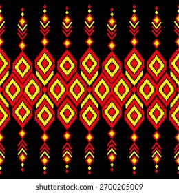 Seamless design using geometric shapes, layered diamond and zigzag patterns in red and gold, highlighted by a black background, reminiscent of indigenous fabric patterns. Suitable for textile and prin