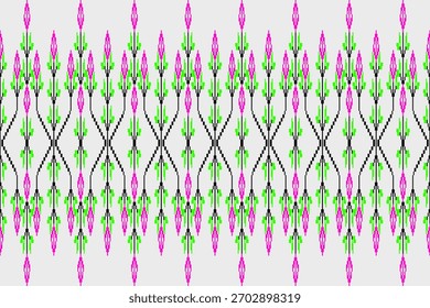 Seamless design using geometric shapes arranged in a bouquet of pink flowers, decorated with green leaves and black stems, pixelated texture giving a sense of local art, suitable for textile 