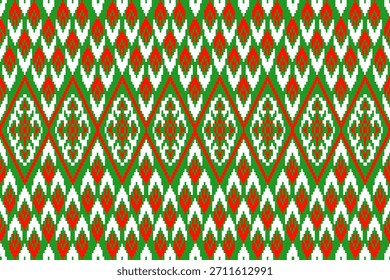 Diseño sin fisuras utilizando Formas geométricas dispuestas en un patrón floral. La cultura tradicional utiliza fondo rojo, blanco y verde. Conveniente para los textiles, impresión, embalaje, decoración interior del hogar, 