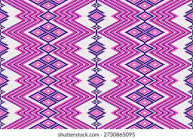 A seamless design using geometric shapes arranged in a diamond pattern in pink and blue, against a white background, with repeating pink and blue zigzag lines.Handicrafts, indigenous culture, folk art.
This pattern is suitable for the textile industry, wallpaper printing, and interior decoration.
