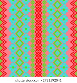 Ein nahtloses Design mit geometrischen Formen, die in einem alten Muster angeordnet sind: grüne Diamantformen, blaue Blumen und rote Zickzacklinien. Ein Werk traditioneller Volkskunst und Handwerkskunst. Dieses verpixelte Oberflächenmuster ist ideal für den Einsatz in Textilien, Druck, Grafikdesign, Tapeten und Wohndekor.